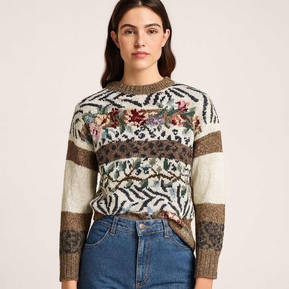 🌸 Tiara International 90s Vintage‎ Sweater – Maximalist Floral & Zebra Knit (M)